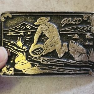 Vintage 1975 CDC MetalWorks Brass Belt Buckle Gold Man Panning gold